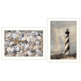 "Cape Hatteras Lighthouse and Sea Shells Collection" 2-Piece Vignette By Lori Deiter, Printed Wall Art, Ready To Hang Framed Poster, White Frame